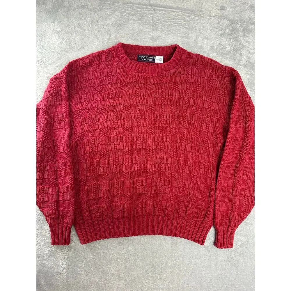 Vintage 90s Roundtree & Yorke Red Cable Knit Fisherman Crewneck Sweater Mens L